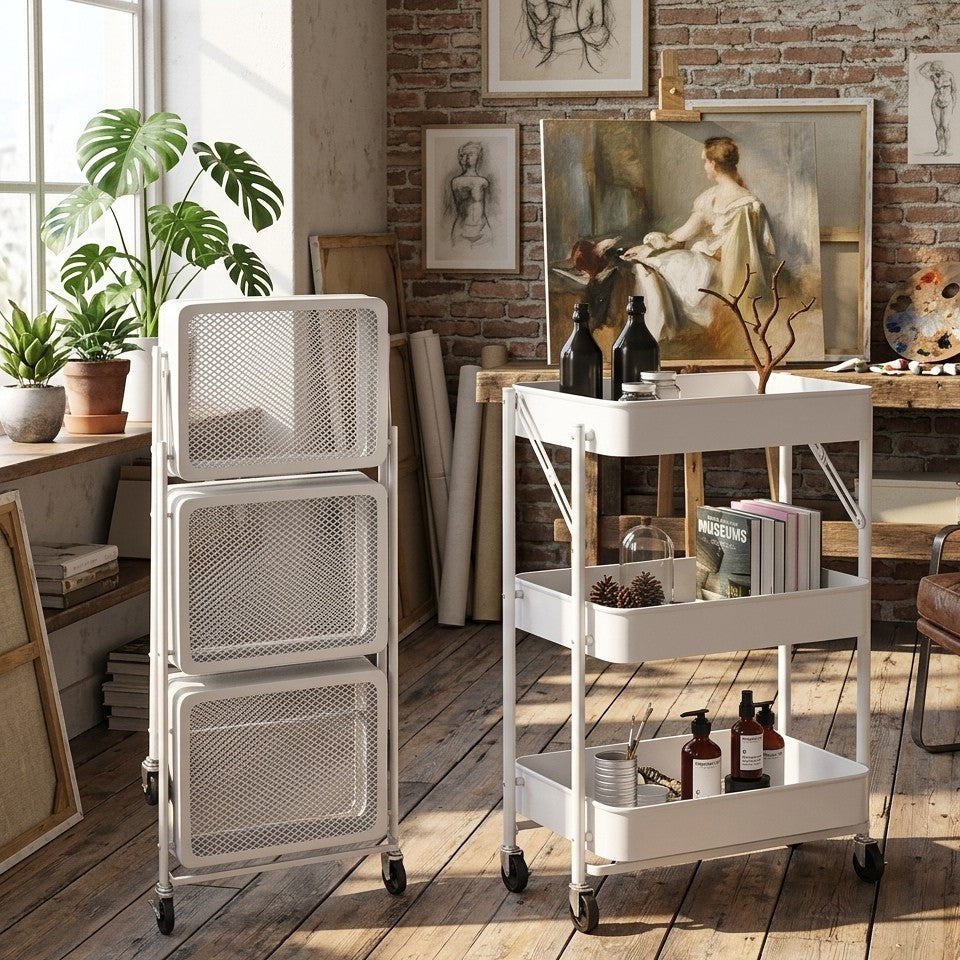 Foldable 3 Layer Metallic Mesh Trays Trolley Rack