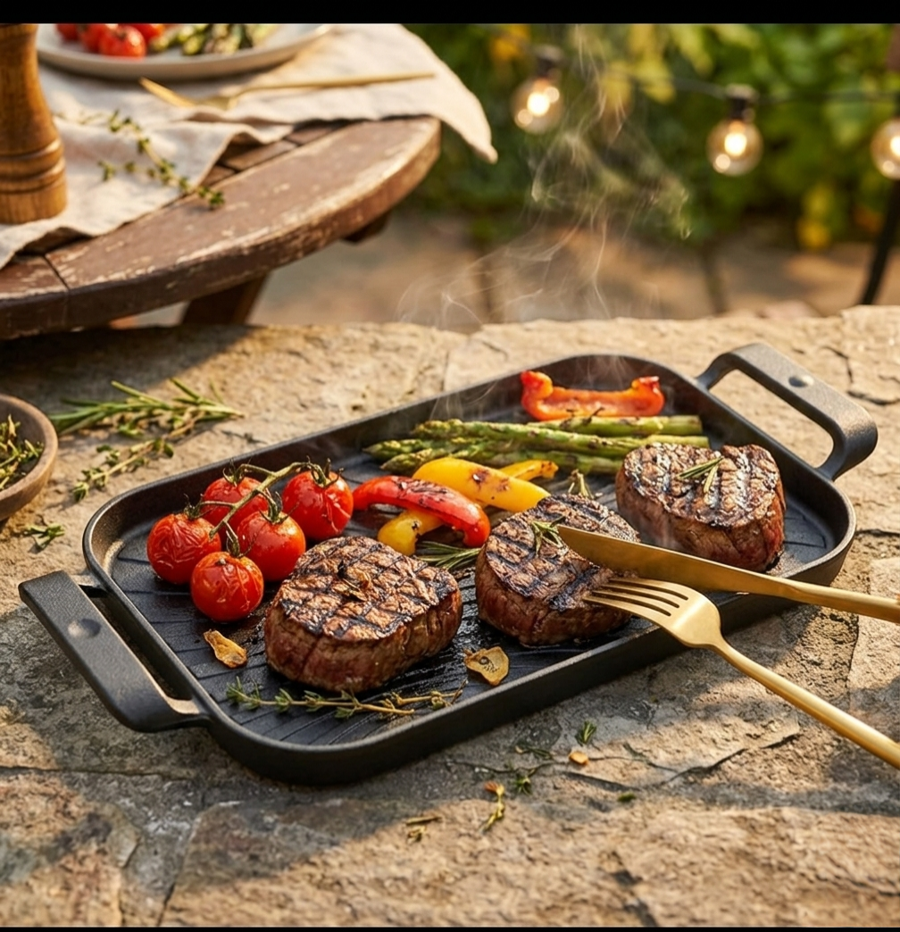 Cast Iron Grill Pan With Wooden Base