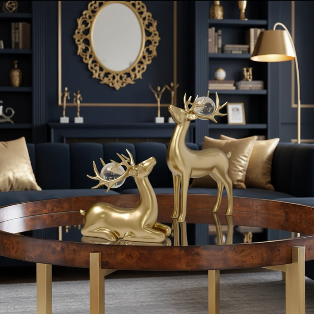 2Pc Golden Deer Resin Ornaments With Crystal Ball