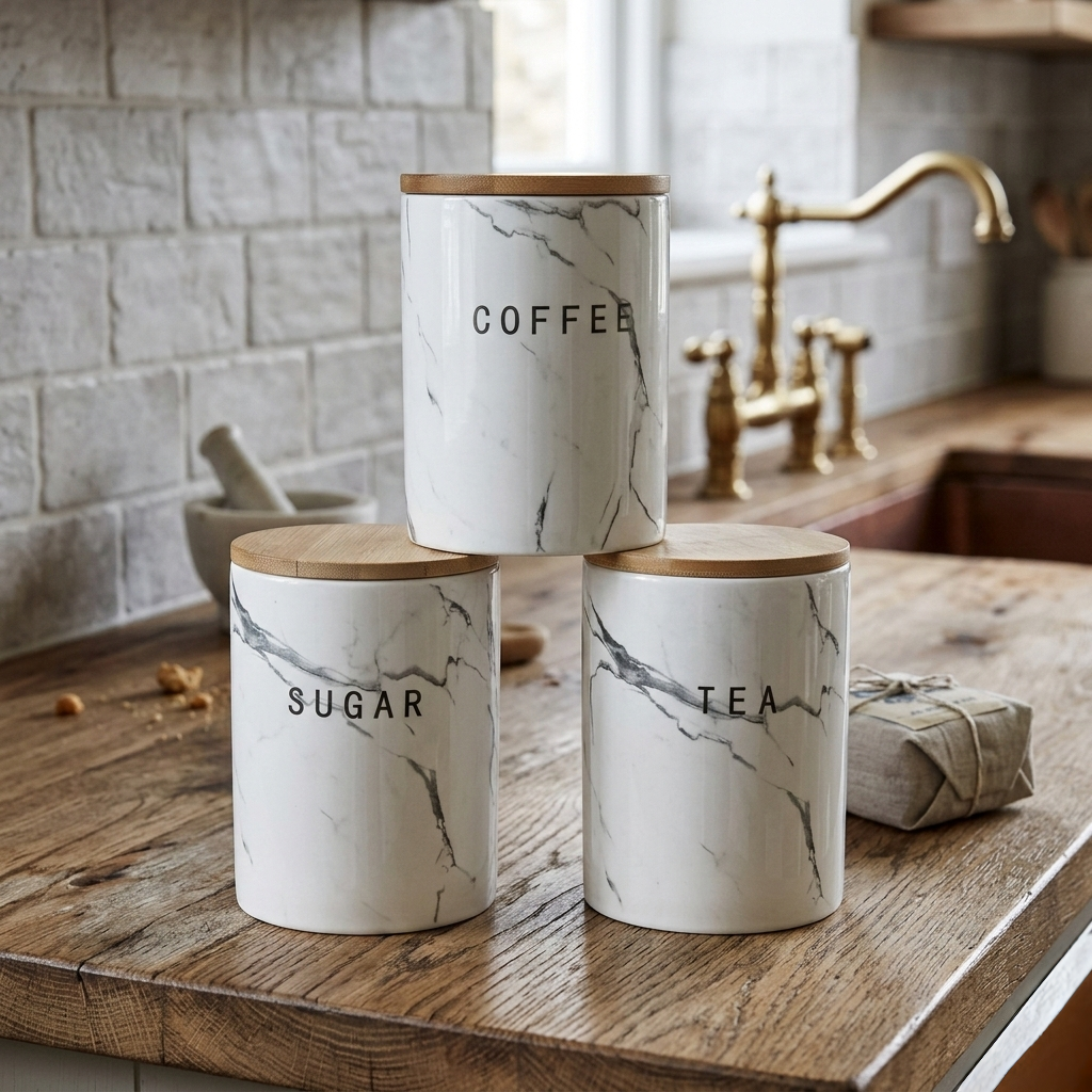 3pc Airtight Ceramic Canisters Set With Bamboo Lid