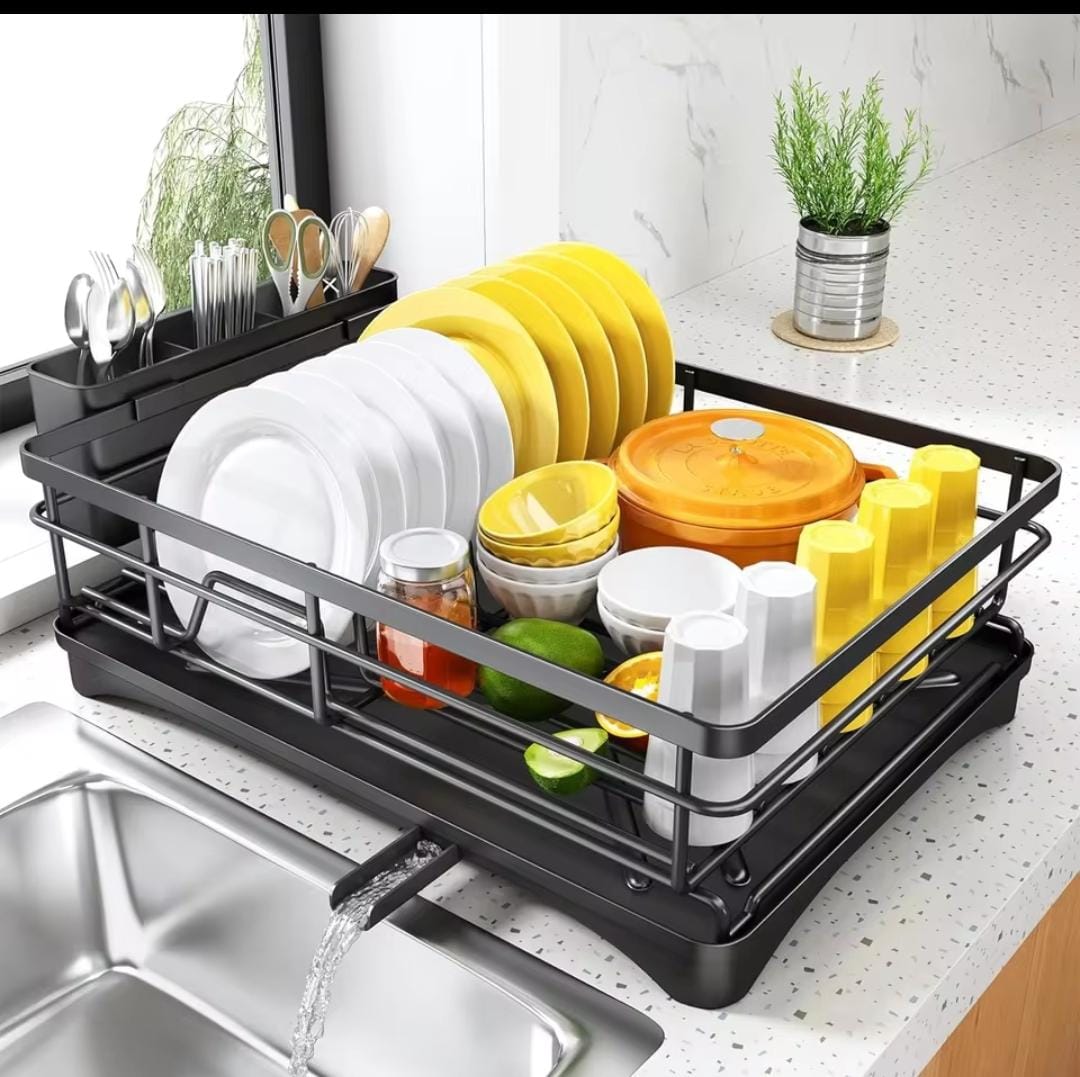 Black single layer carbon metal dish rack with detachable cutlery holder