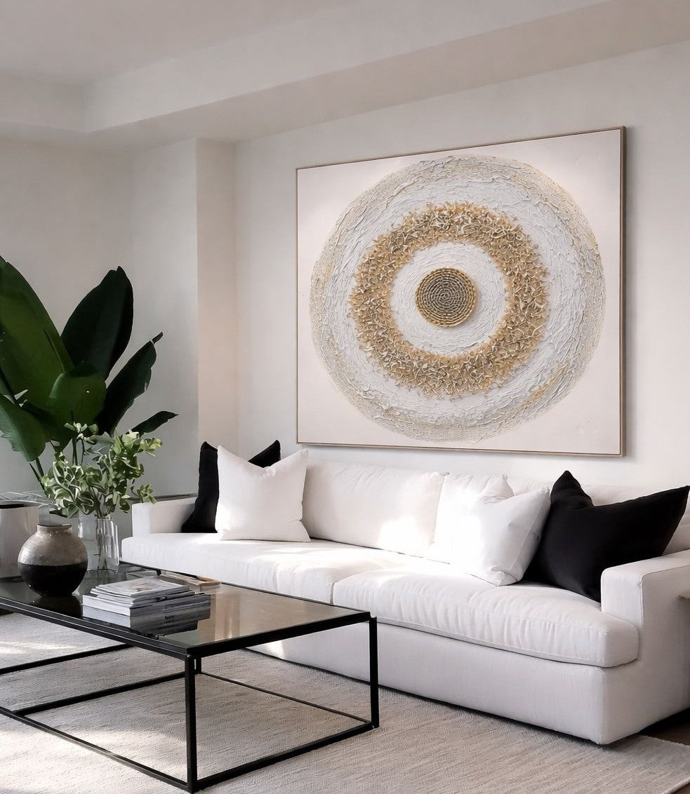 Large handmade circular textured wall art measuring 102 by 102 cm for modern interior décor