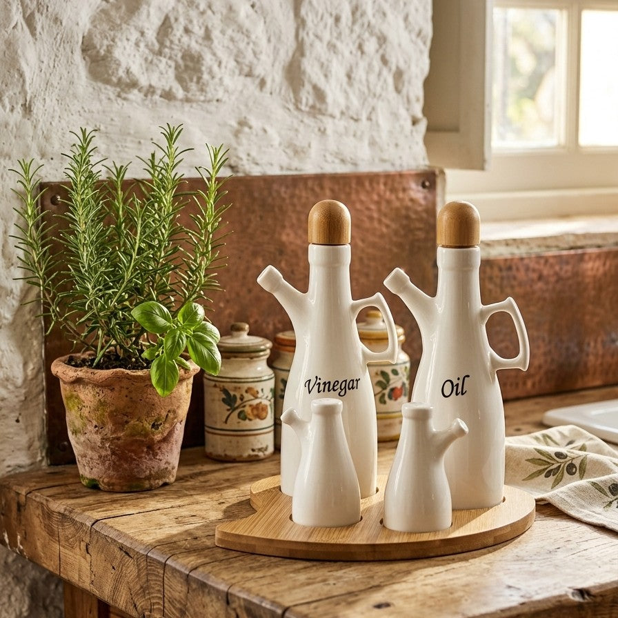 5pcs Porcelain Condiment Set with Oil and Vinegar Bottles