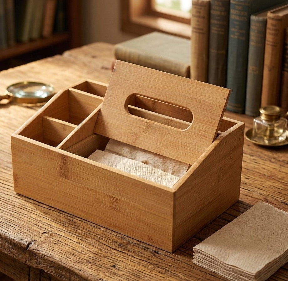Multifunctional Bamboo Desktop Organizer & Tissue Box
