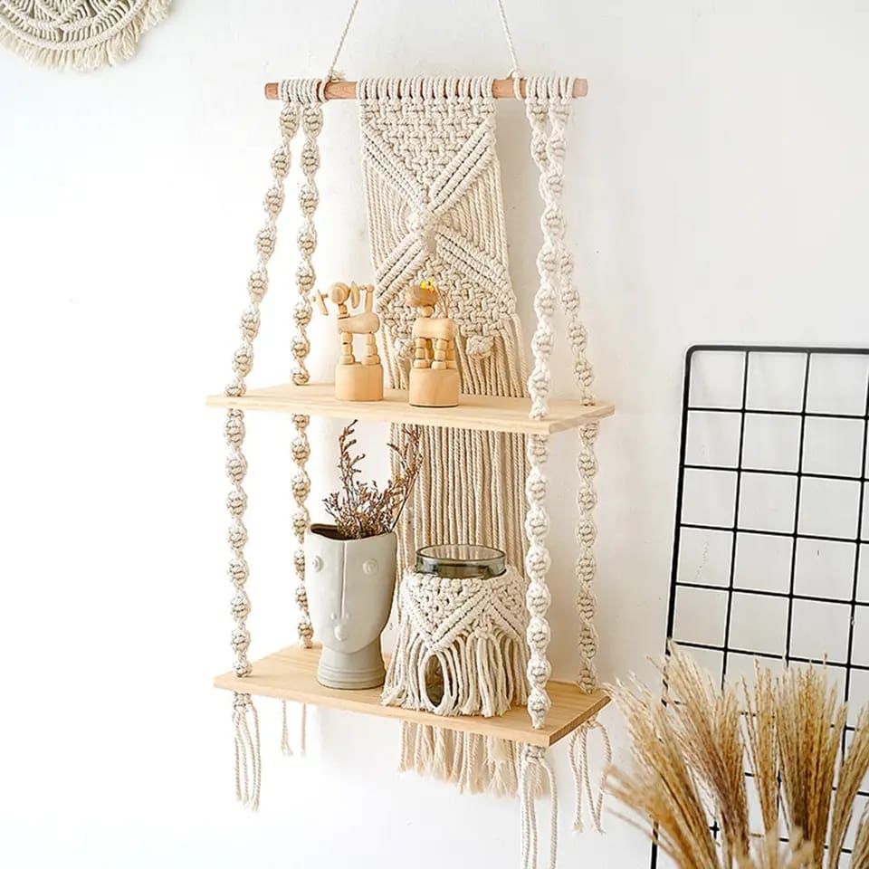 Bohemian woven tapestry two tier wall hanging floating shelf with cotton rope and wooden shelves for home décor