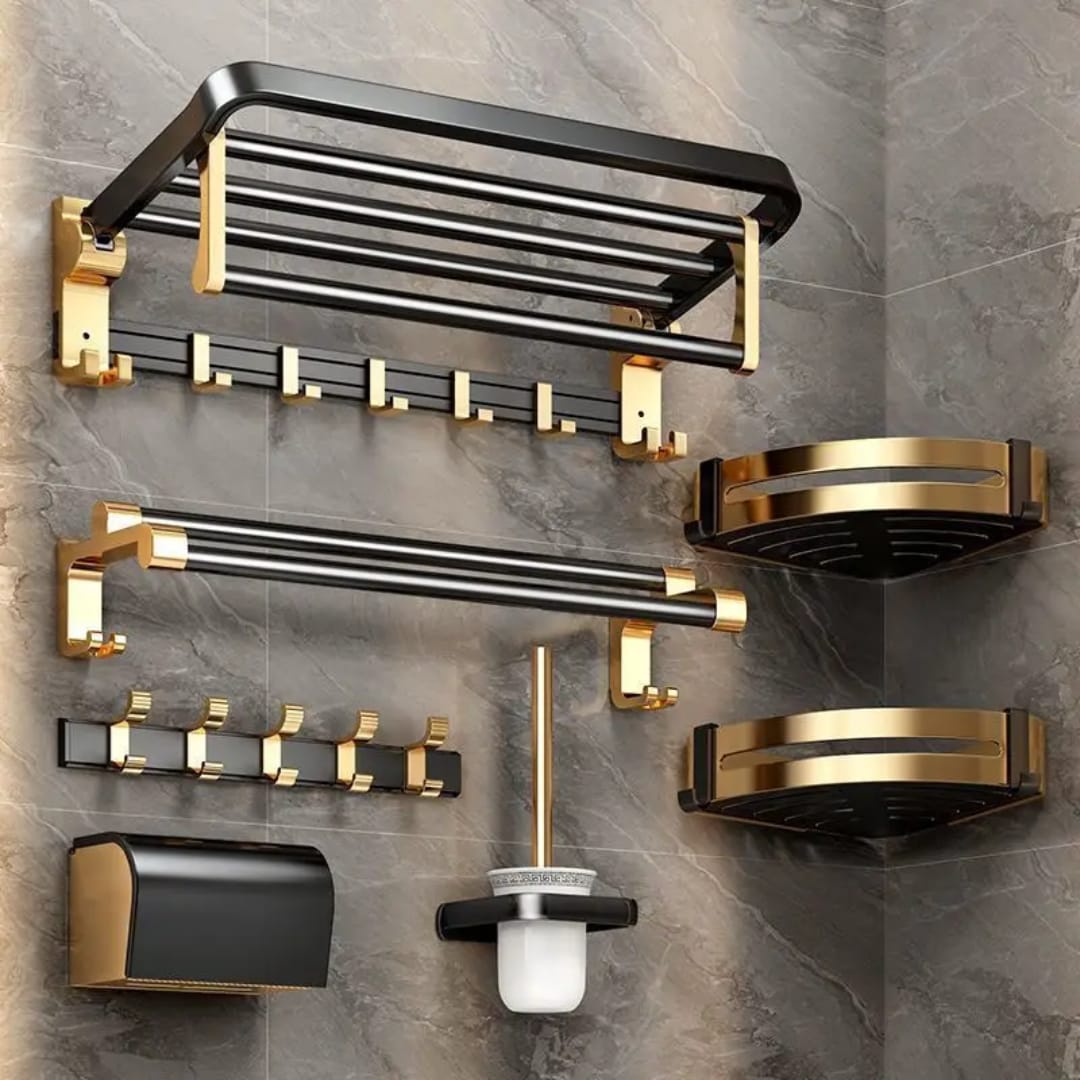 7Pcs Gold Multifunctional Aluminum Bath Towel Rack Set