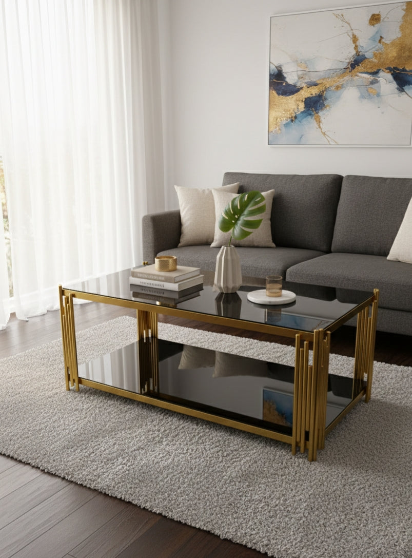Black Tempered-Glass Coffee Table with Gold Frame