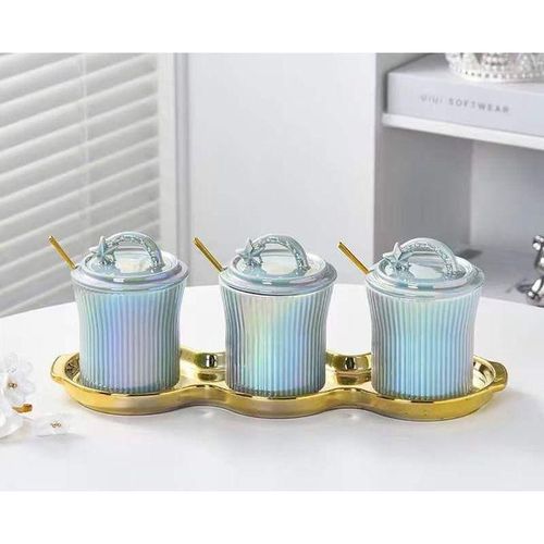 3-Piece Ceramic Spice & Condiment Jars With Gold Tray