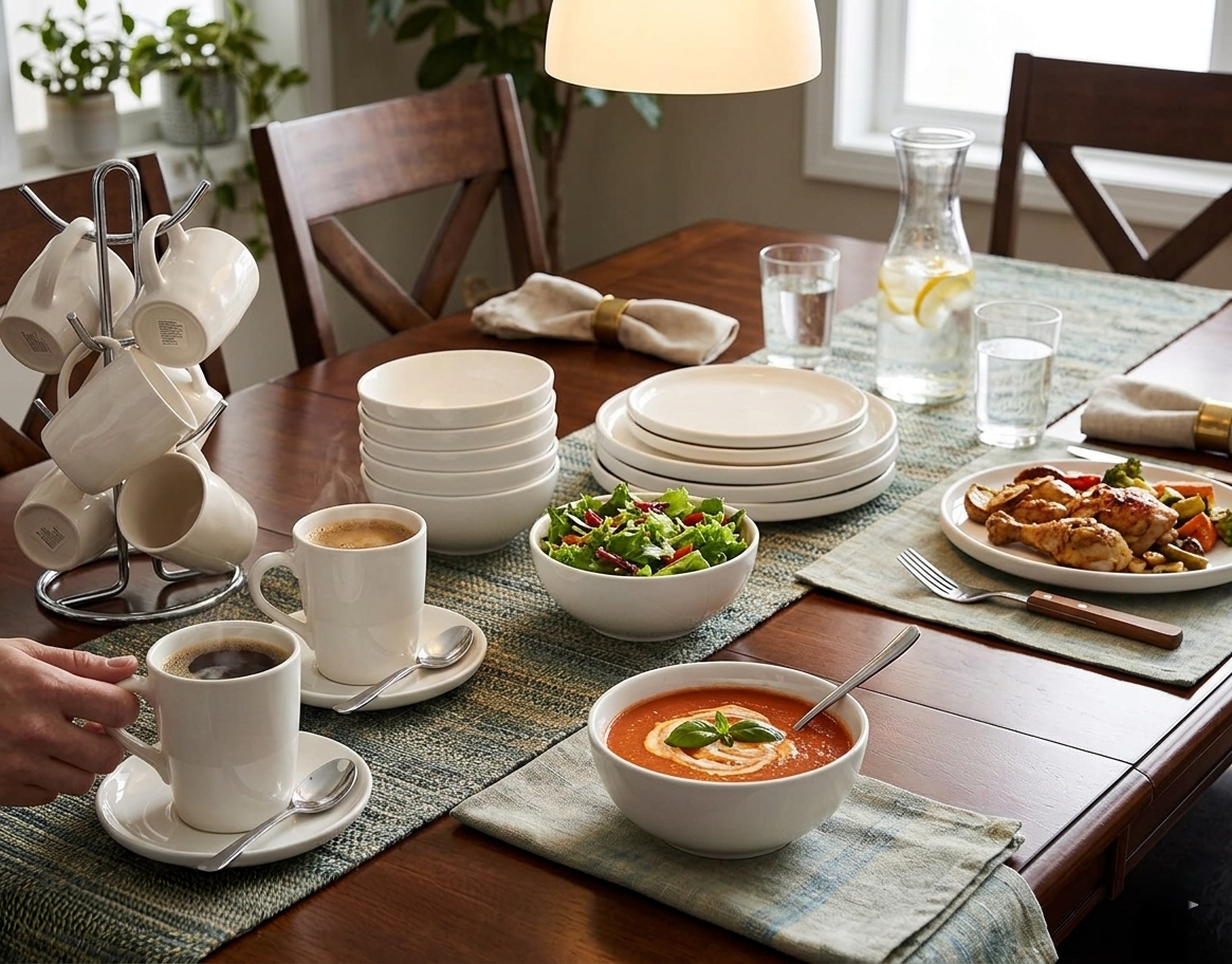 24 Piece White Themed Ceramic Dinner Set