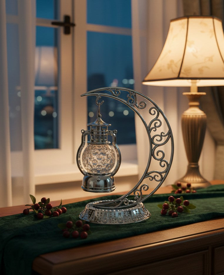 Turkish mosaic moon lamp with holder available in silver and gold, emitting warm ambient light