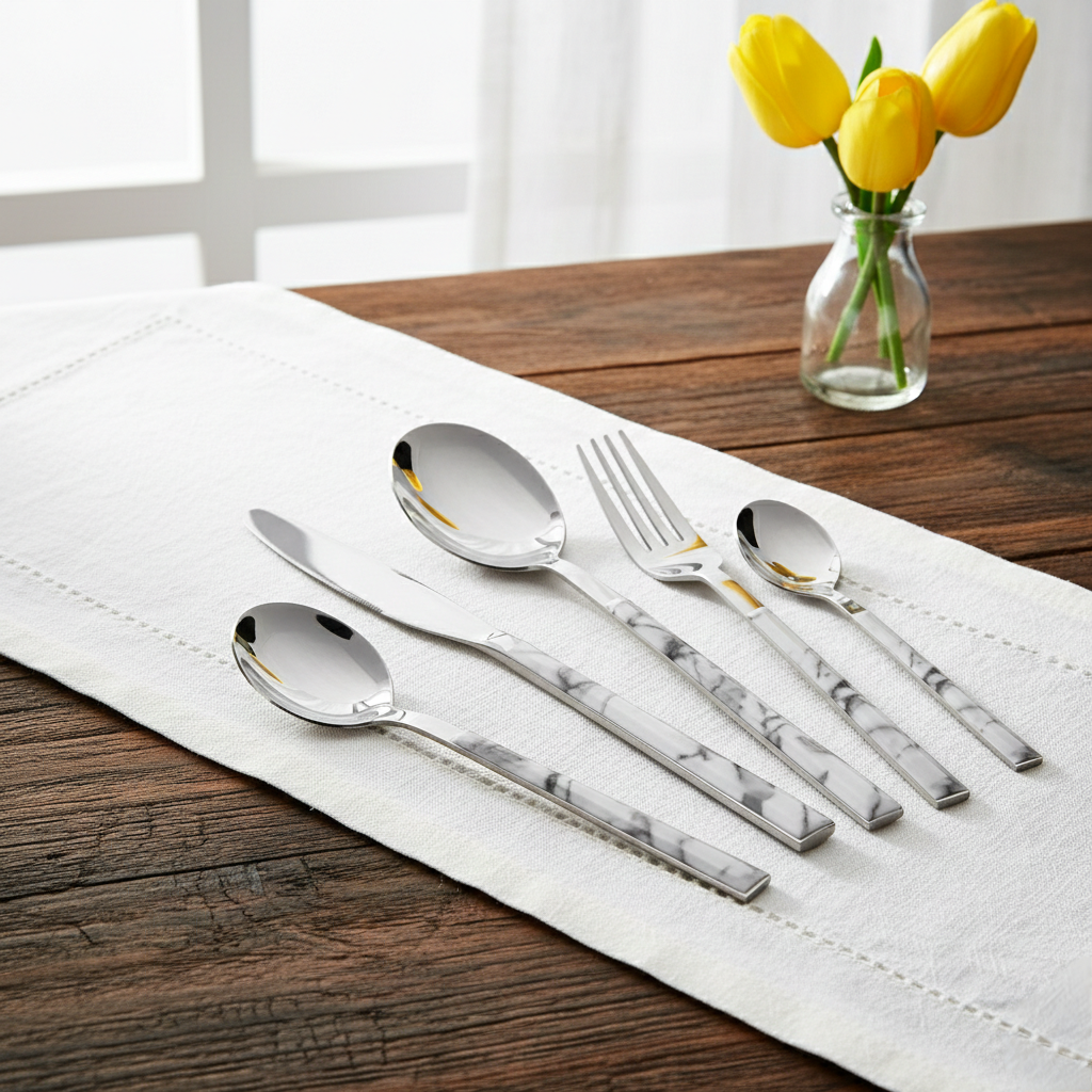 24-Piece Silver Marble Cutlery Set