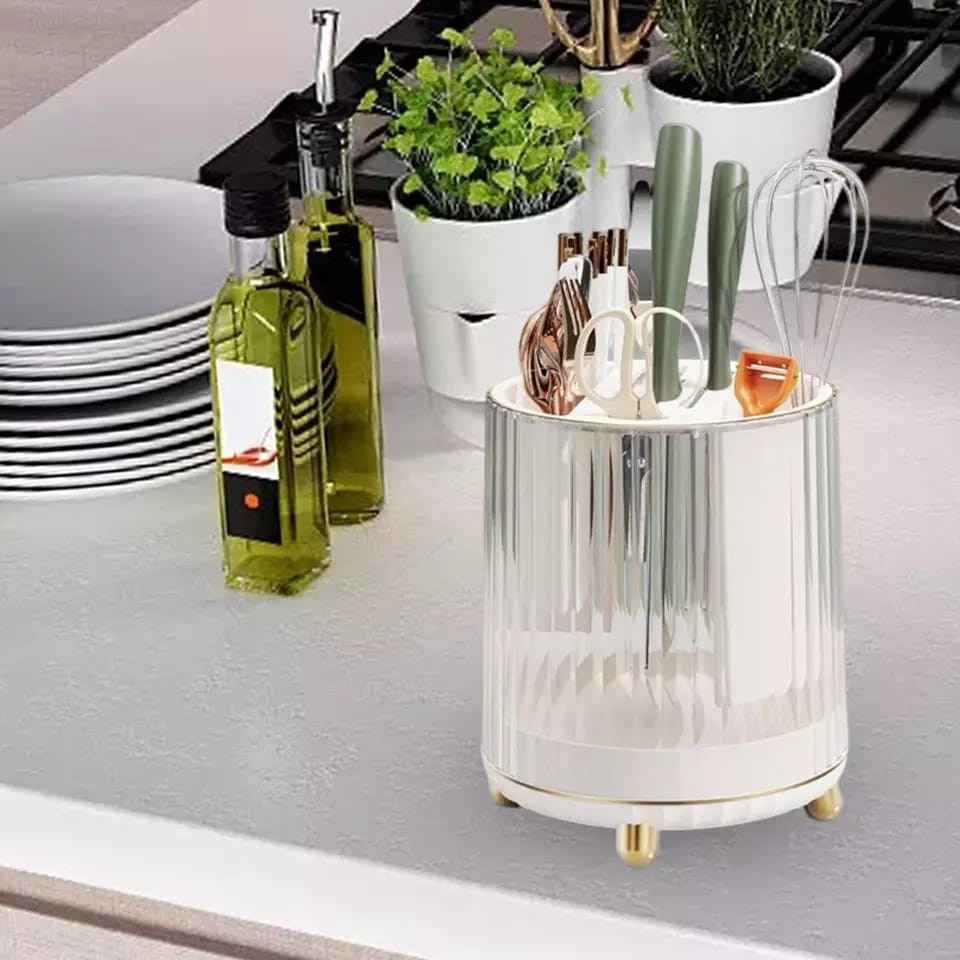 Rotary knife storage rack with drainage system for kitchen organization