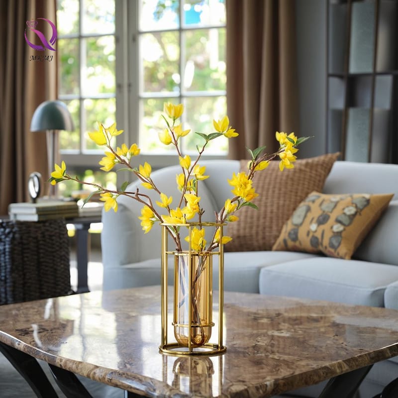 Glass flower vase with elegant golden metal frame for home and table décor