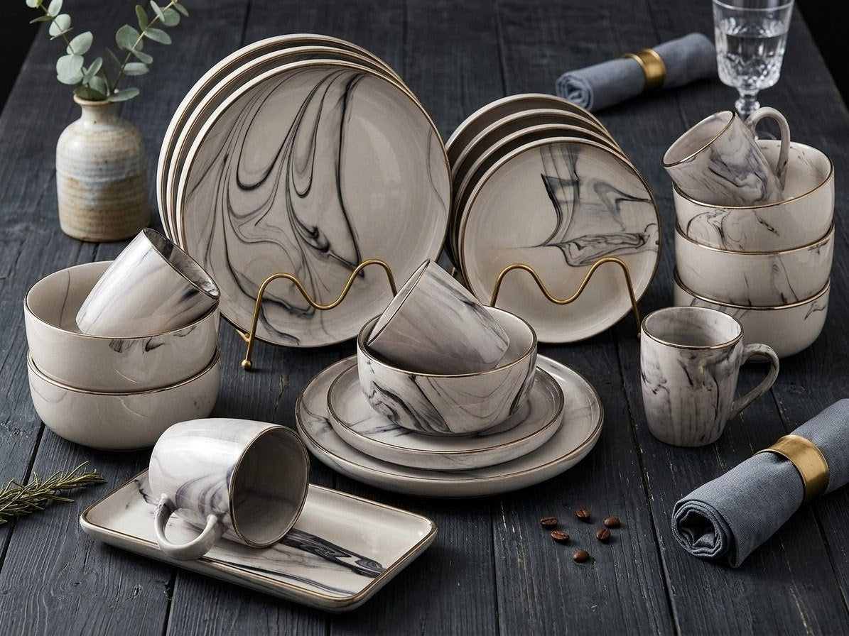 26-piece marble dinnerware set including plates, side plates, bowls, cups, and platters for elegant dining.