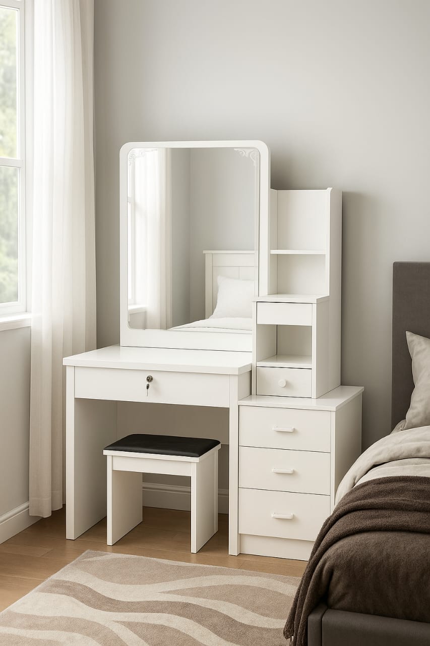 Dressing table with sliding mirror and hidden storage compartment