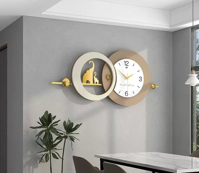 Metallic decorative wall clock, 80×38cm with 24×24cm dial, for stylish home or office décor