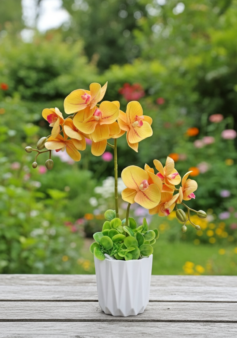 Mini plastic vase with artificial orchid flowers