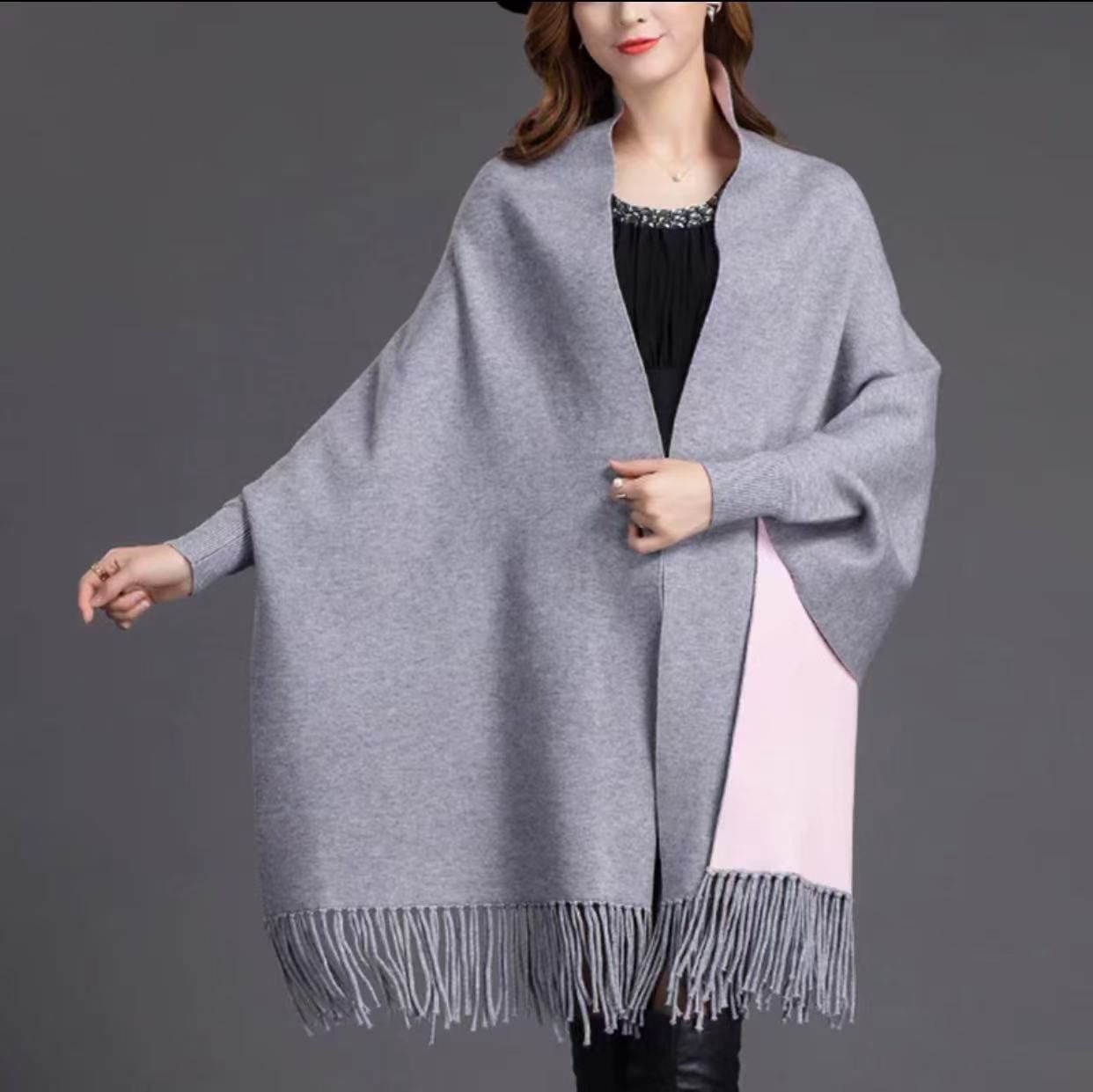 Plain Double Sided Long Sleeve Poncho Shawl