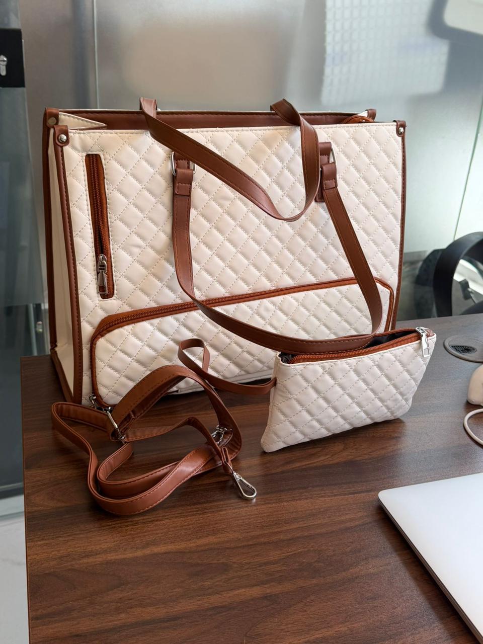 Quilted Laptop Tote Bag with Insulated Lunch Compartment