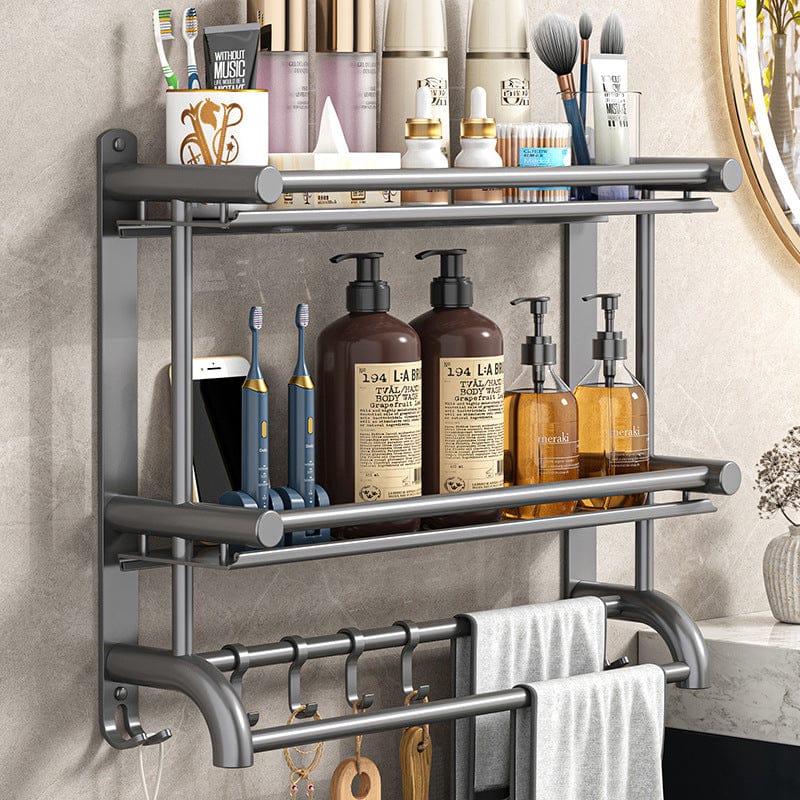 Double layer wall mounted bathroom rack with hooks for organizing toiletries and household items