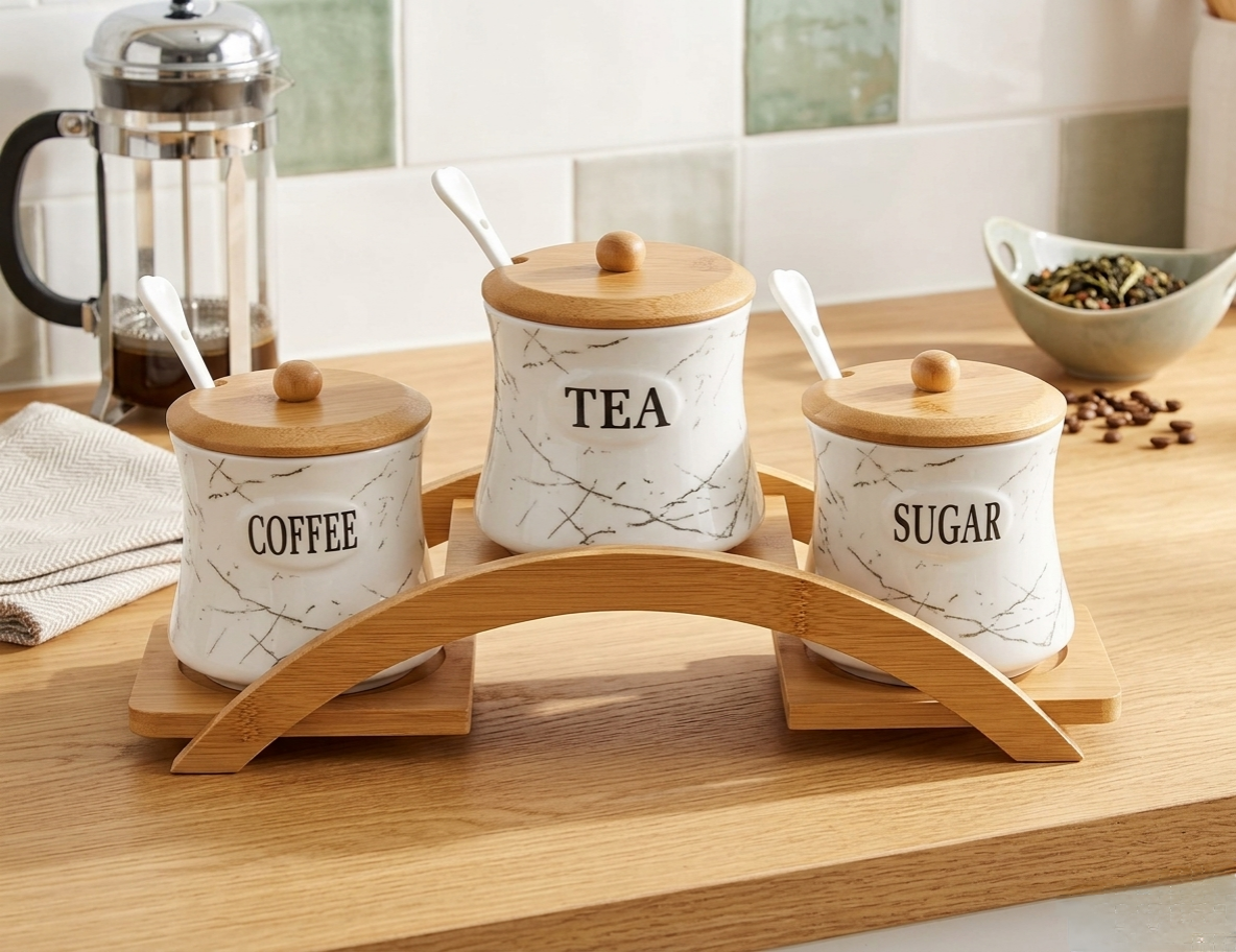 3-Piece Canister And Cruet Set With Bamboo Rack