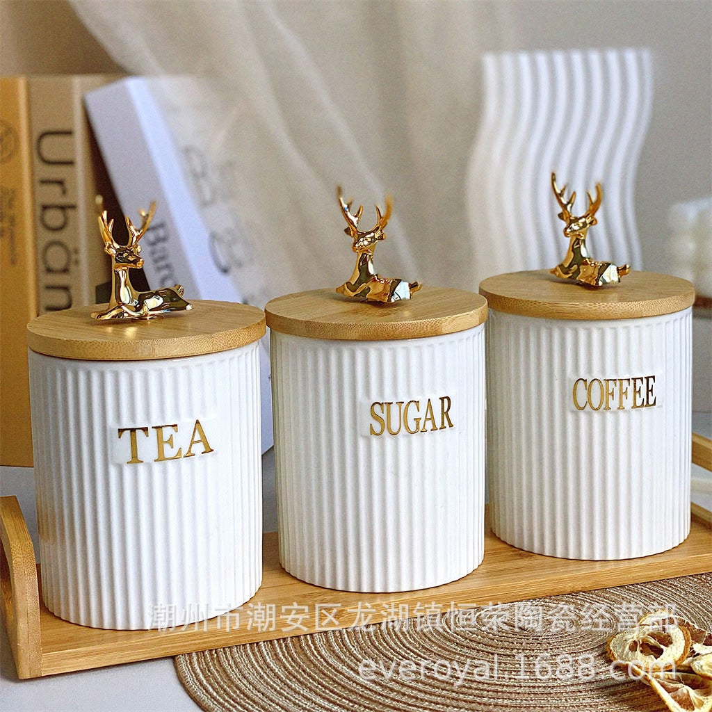 3 Piece Ribbed Ceramic Tea, Coffee & Sugar Canister Set