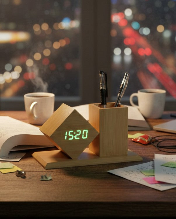 Multifunctional Bamboo Pen Holder with Digital LED Alarm Clock