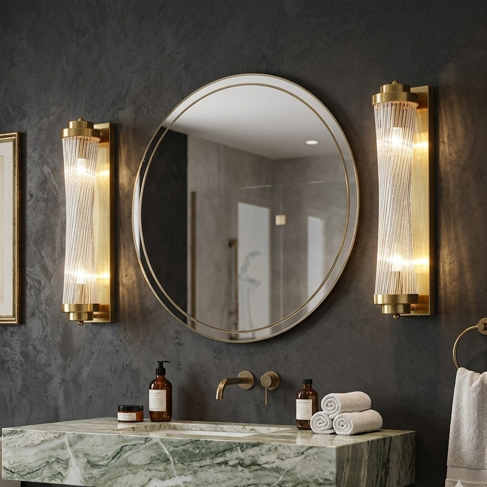 Cylindrical Wall Sconce Brass and Ribbed Glass Light Fixture