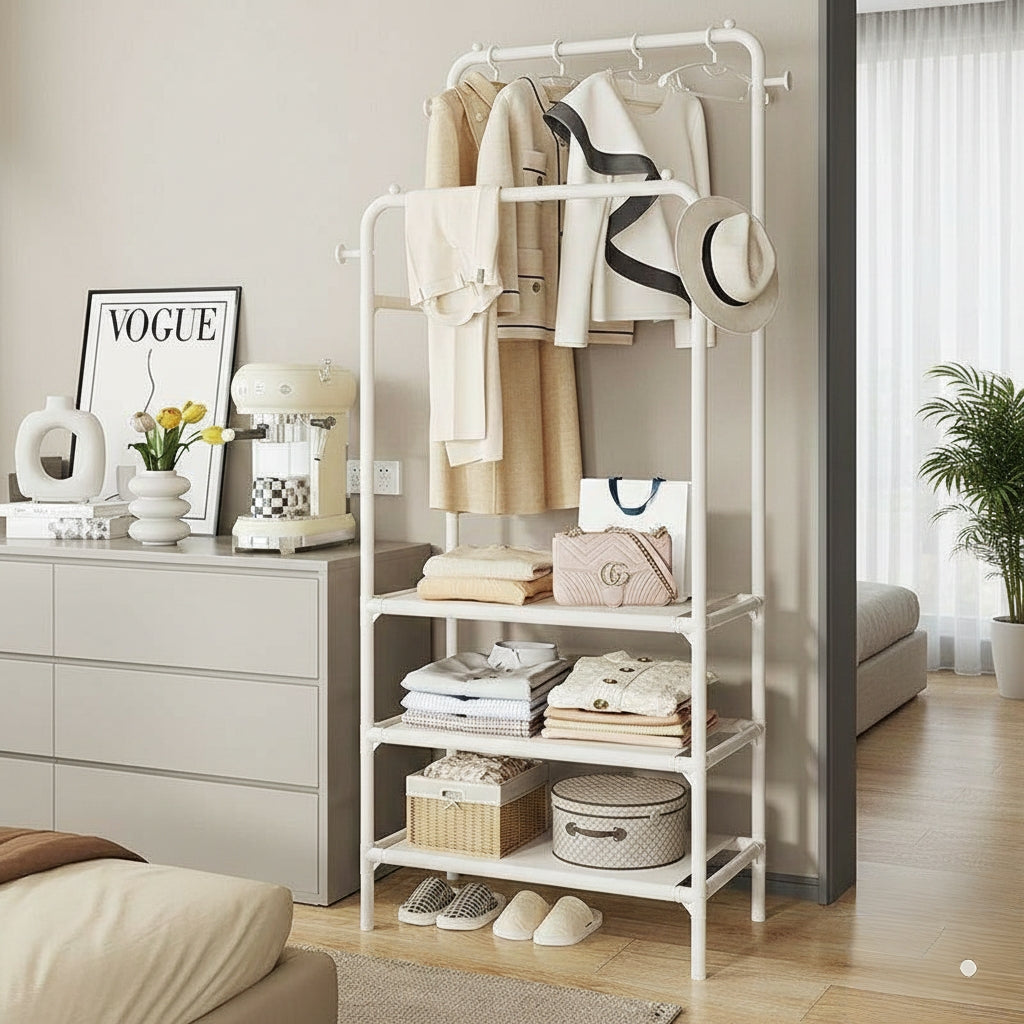 Double Clothing Garment Rack With 3-Tier Storage Shelf