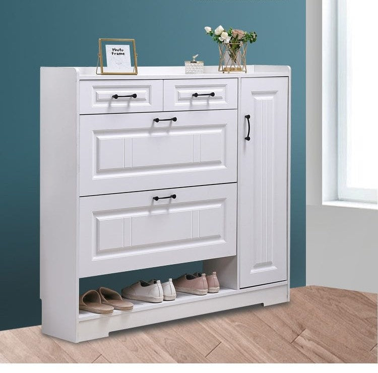 Modern bucket flip shoe cabinet with slim space saving design for hallways and entryways
