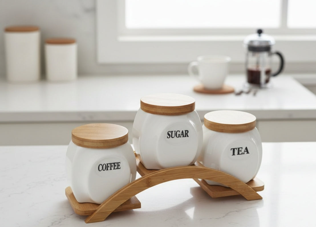 Round Shape Canister Set With Bamboo Base