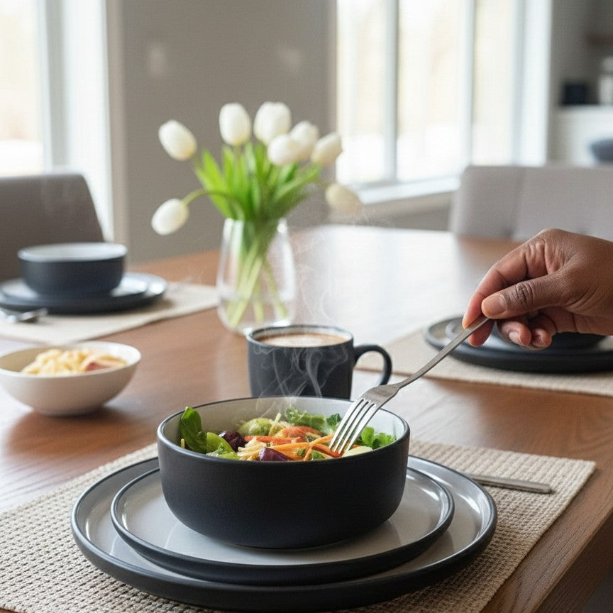 24-piece Ceramic dinner set with plates, bowls, and cups.