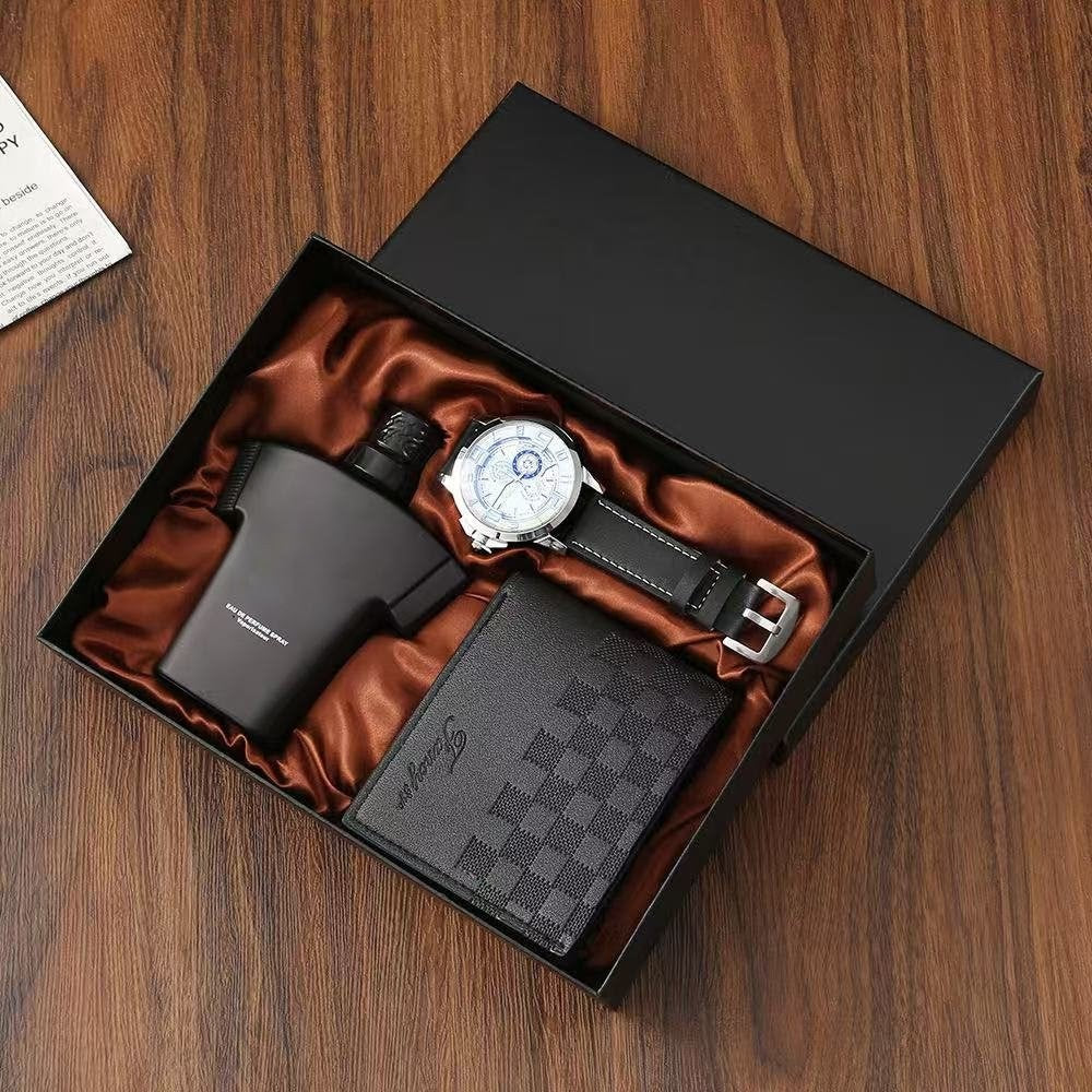3-in-1 men’s gift set with perfume, wallet, and watch in gift packaging