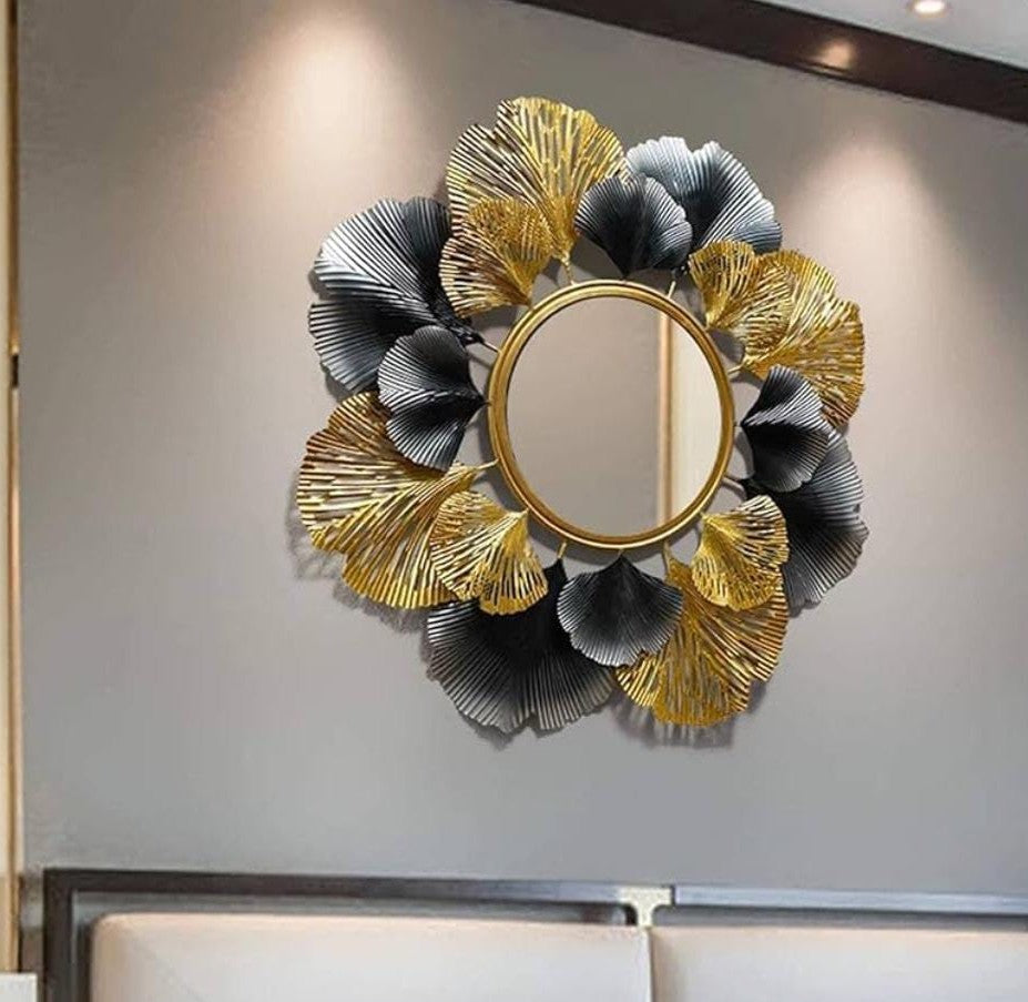 Leaf-shaped decorative wall mirror, 72 cm diameter, golden and grey finish