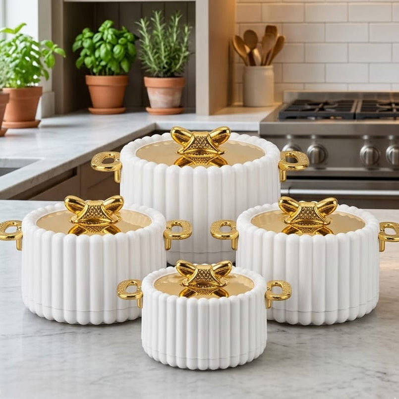 Nordic gold stainless steel hosting set in white and gold, 4 piece serving pots for food presentation.