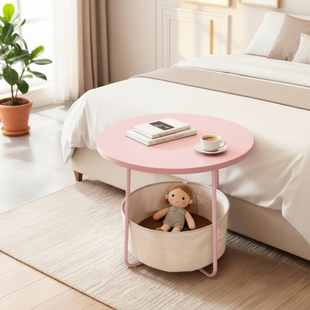 Round Side Table With Fabric Basket
