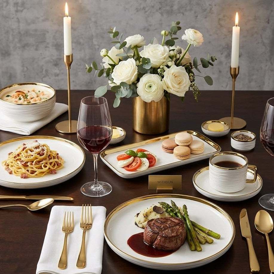 32pc Gold Ring Ceramic Dinner Set White with Gold Trim