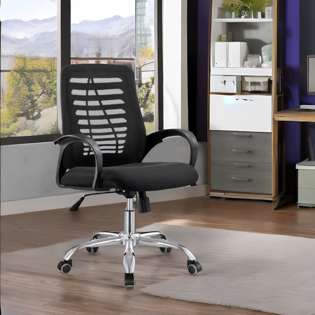 Secretarial office chair with a sturdy backrest and padded seat.