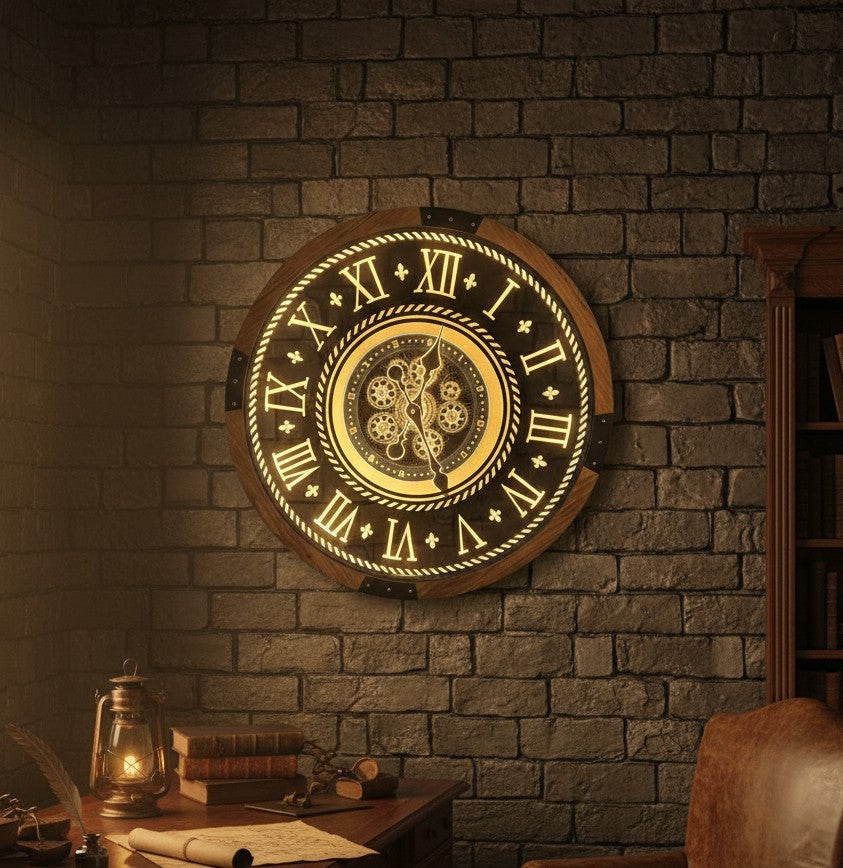 Remote Controlled Rustic wooden wall clock with LED lighting