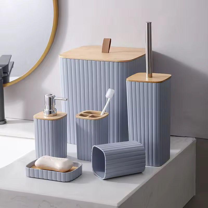 6in1 Bathroom Accessories Set with Wooden Top