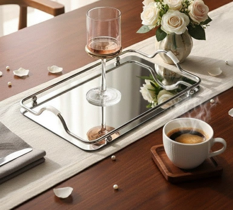 Metallic vanity tray in gold or silver with 42cm by 28cm dimensions