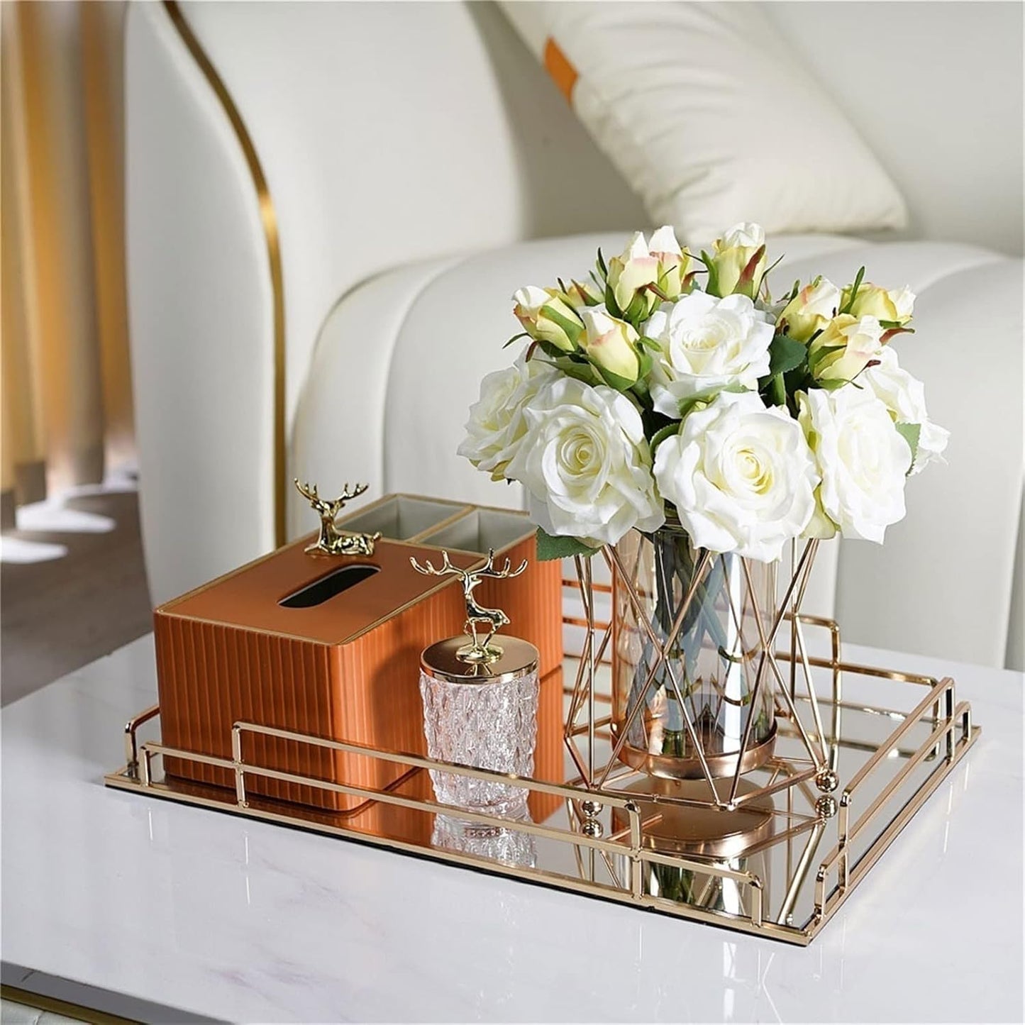 Rectangular mirror tray with reflective surface used for displaying perfumes, candles, jewelry, and decorative items. ✨