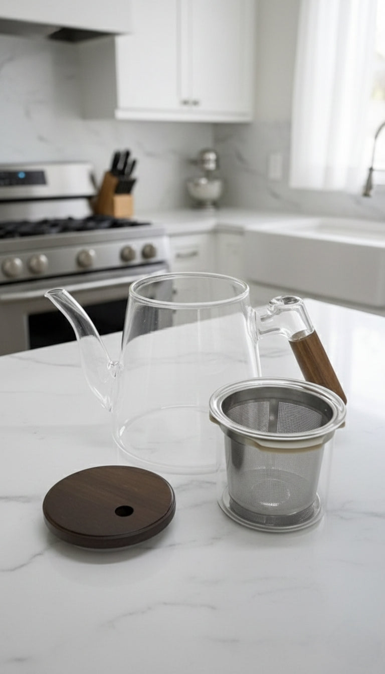 Frosted Glass Tea & Beverage Pot With Bamboo Handle