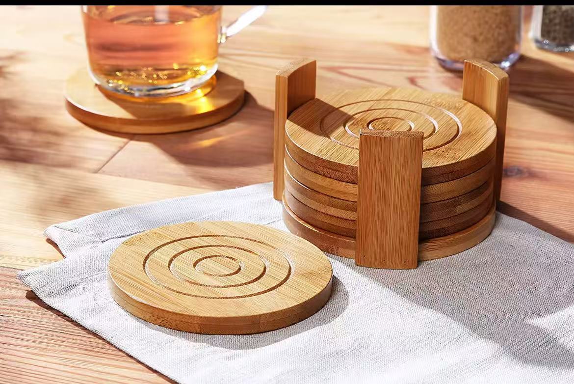 6Pc Round Bamboo Coaster Set