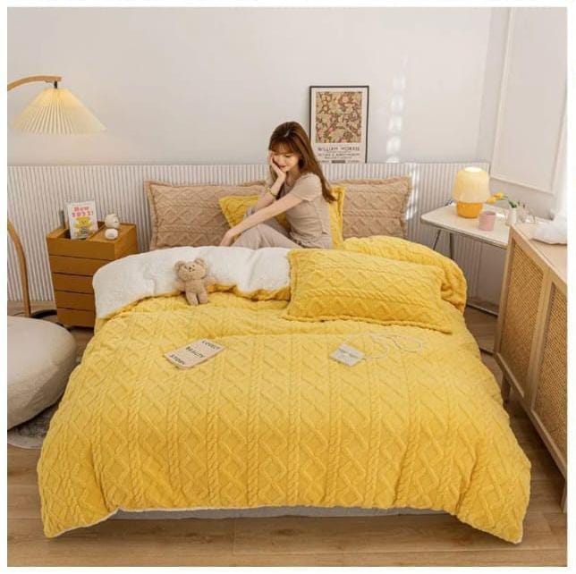 King size warm winter quilt set in mustard with quilt, fitted sheet, and two pillowcases