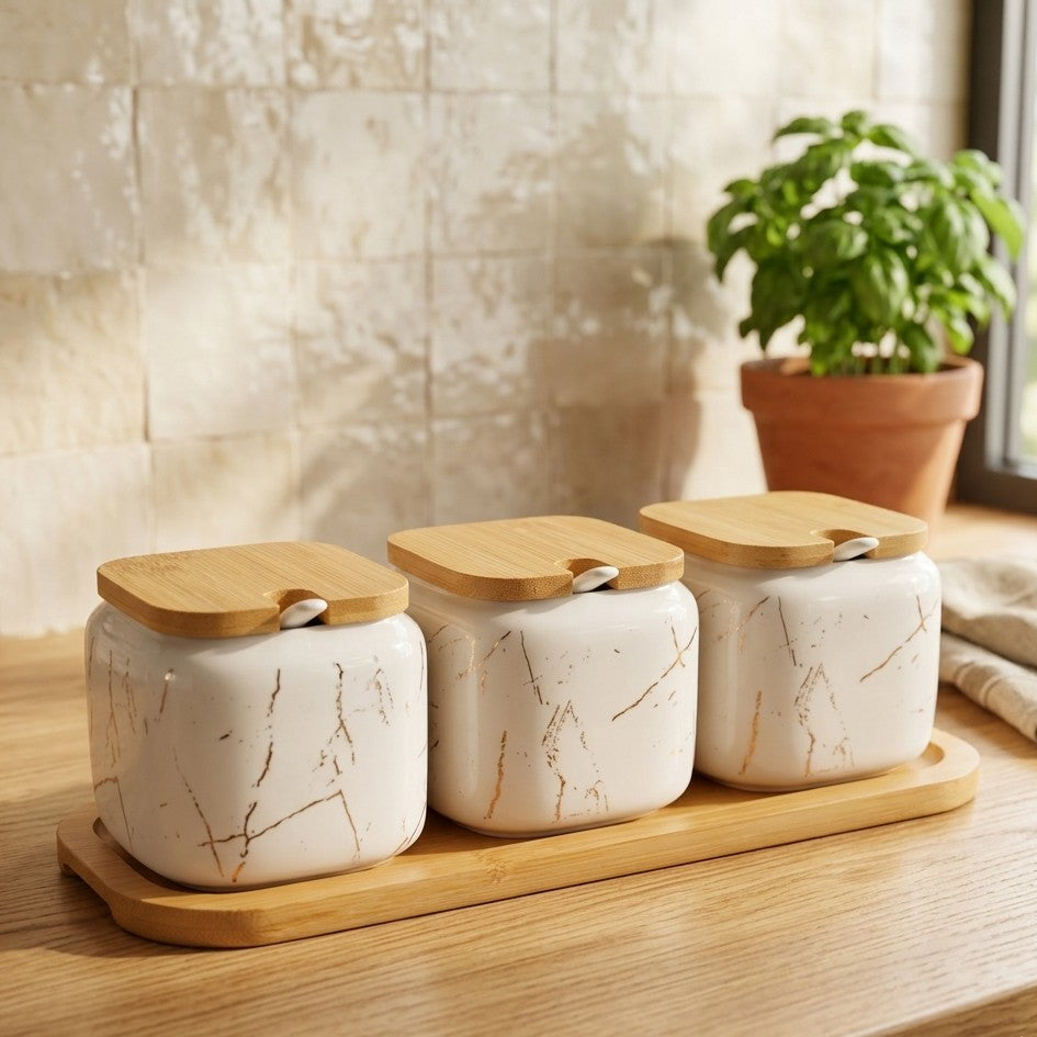 3pcs Ceramic Condiment Set with Lids Spoons and Tray