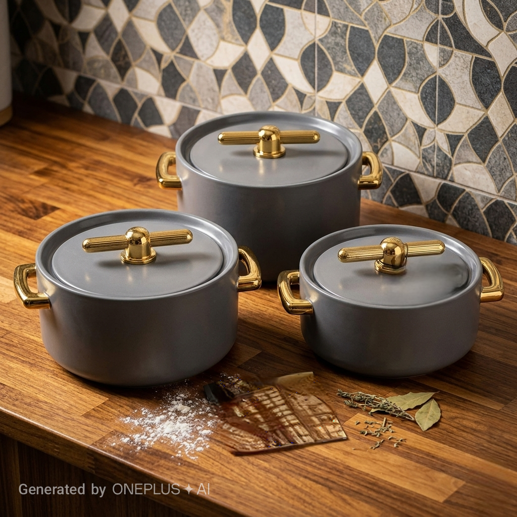 3Pcs Gold Insulated Round Hotpot Set