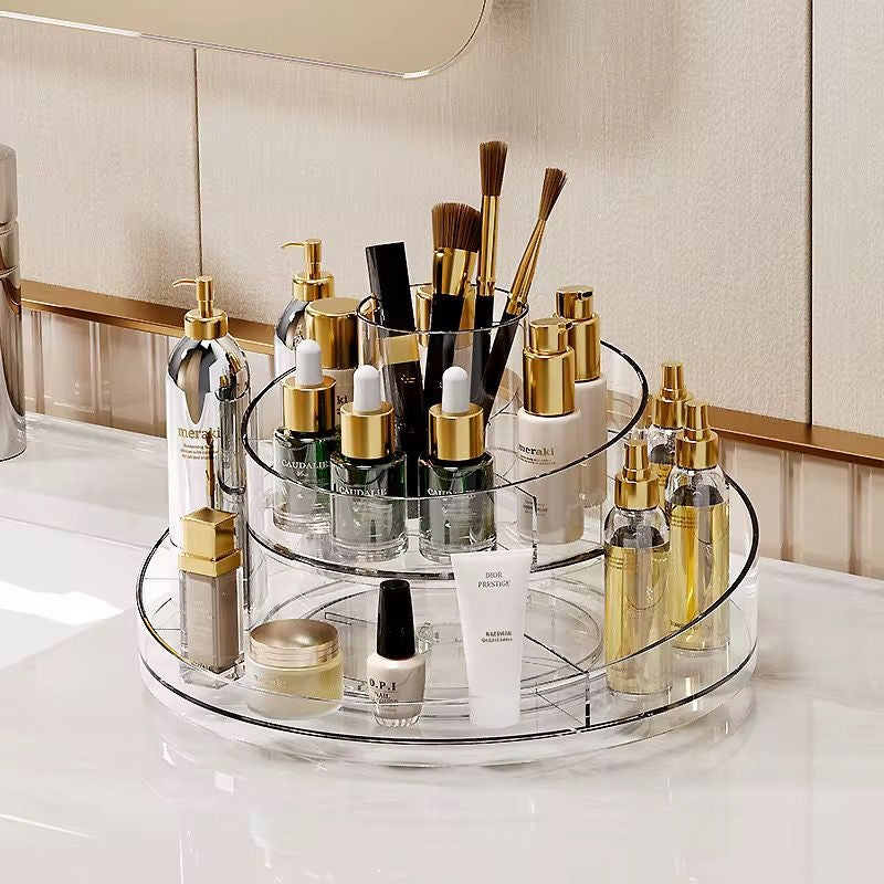 Two-tier crystal-cut acrylic rotating organizer for cosmetics