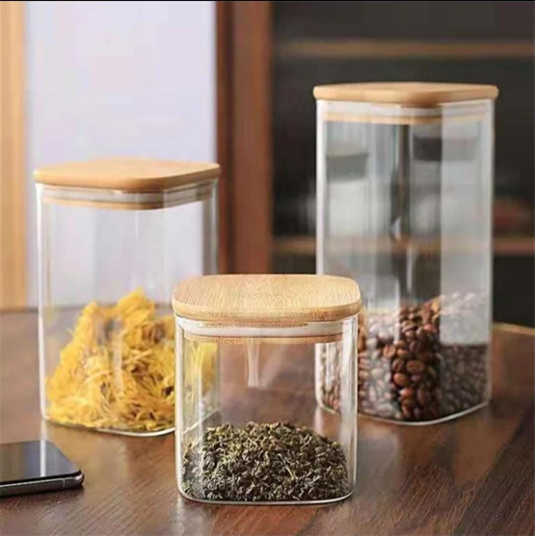 3 piece square clear glass storage containers with bamboo lids for kitchen storage