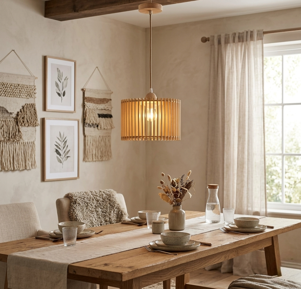 Wood Pendant Lamp – Compact Cylindrical Design, 22cm